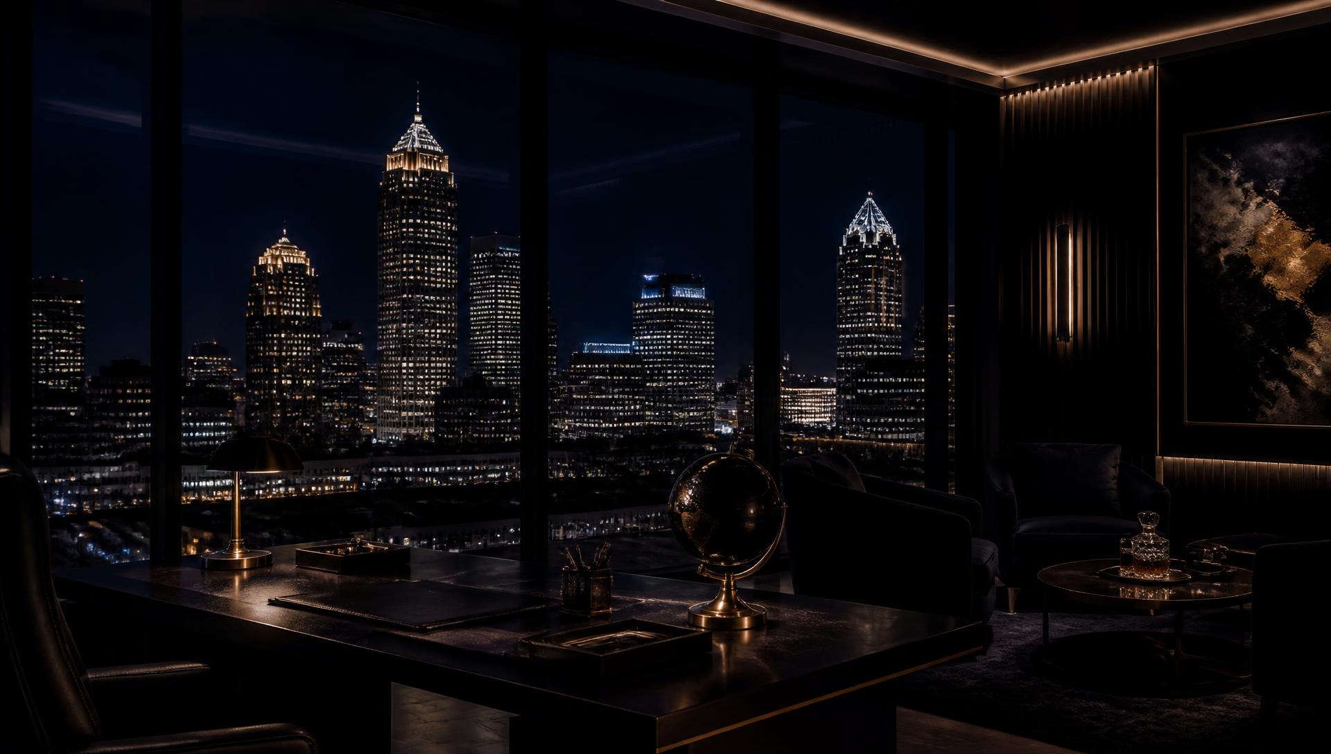 Charlotte skyline at night viewed from an executive office